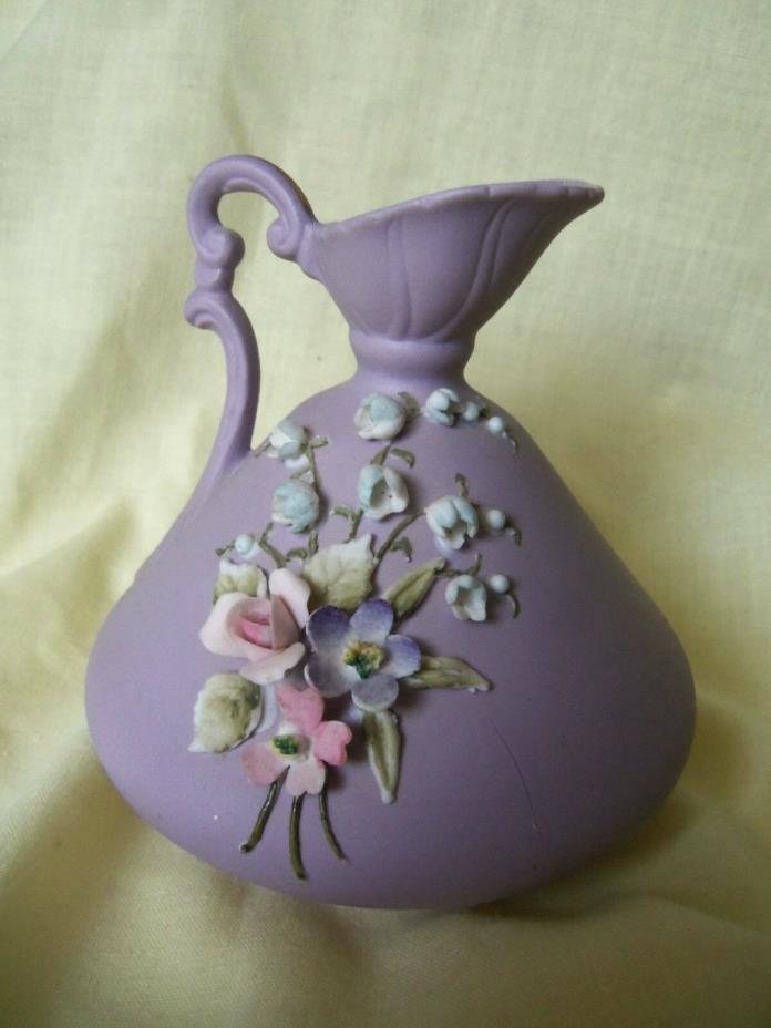 Vintage LEFTON Purple Lavender Pitcher Vase w Handle RAISED FLOWERS GOLD Trim