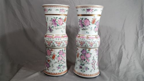 Set of Antique handpainted floral lowestoft Chinese porcelain vases with gold...