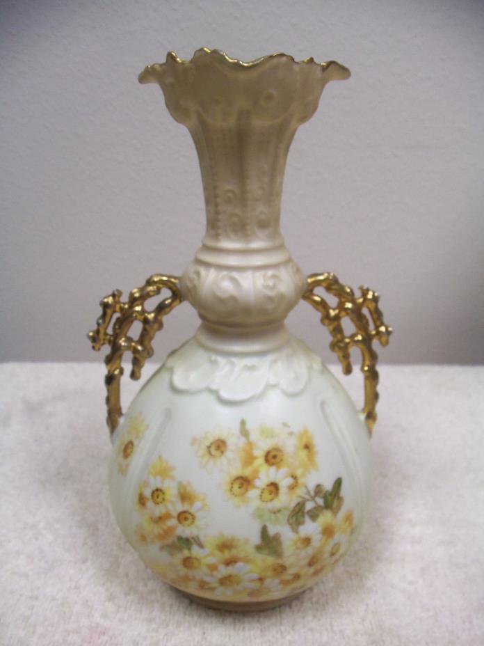 ANTIQUE RUDOLSTADT PORCELAIN VASE - YELLOW & WHITE FLOWERS WITH GOLD HIGHLIGHTS