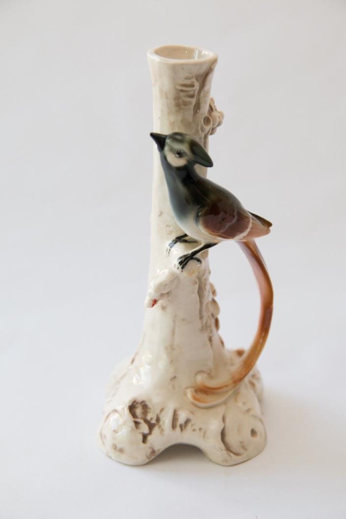 Antique Italian Majolica Hand Painted Long Tailed Bird Bud Vase