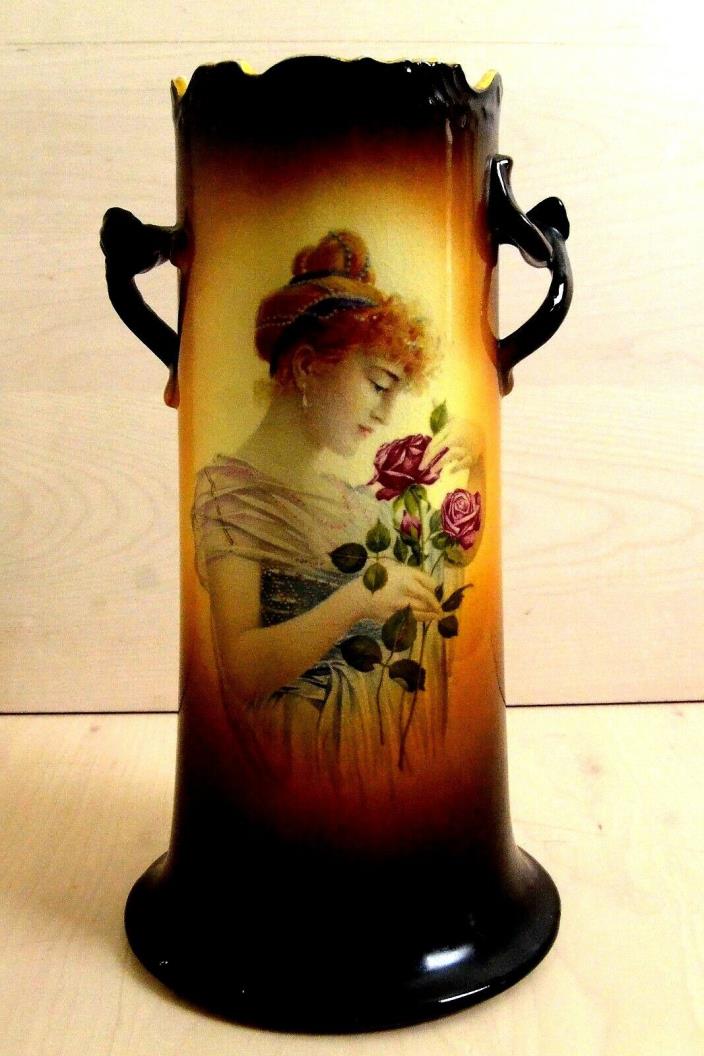 Antique WarwickIOGA Handled Portrait Vase Semi porcelain Woman withRoses   1909