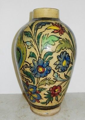 Persian Qajar Dynasty~Polychrome Glazed BIRDS & FLOWERS Ceramic Vase~1781-1925