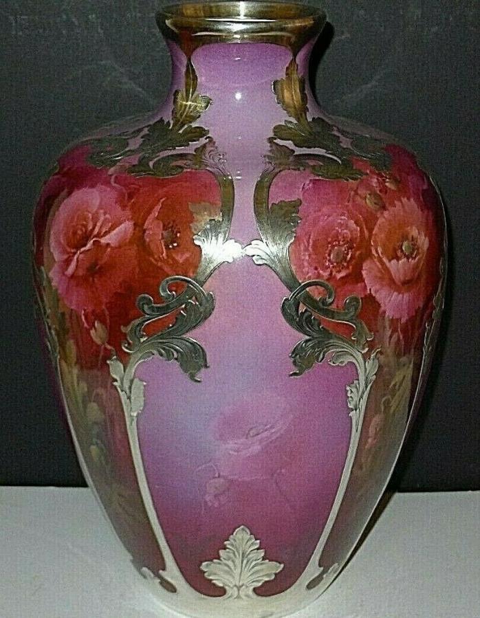 CAC Lenox Exposition RARE Art Nouveau Poppies Sterling Silver Overlay Vase RARE