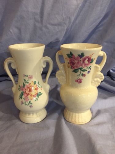 2 VINTAGE ROYAL COPLEY DOUBLE HANDLED SMALL VASES WITH PINK FLOWERS