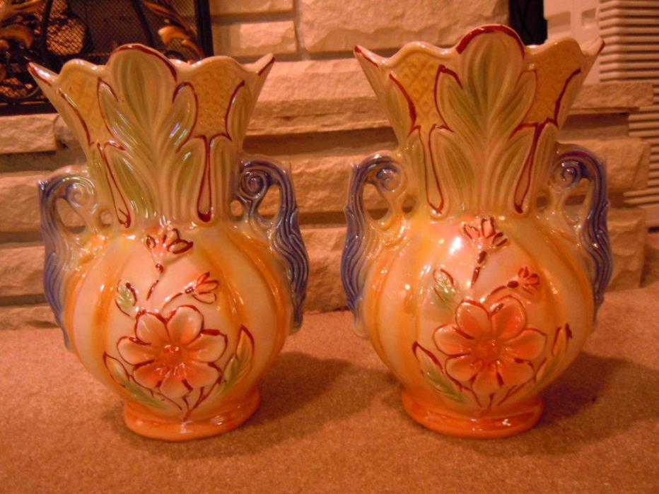 2 Lusterware Iridescent Ceramic Vases 8.5