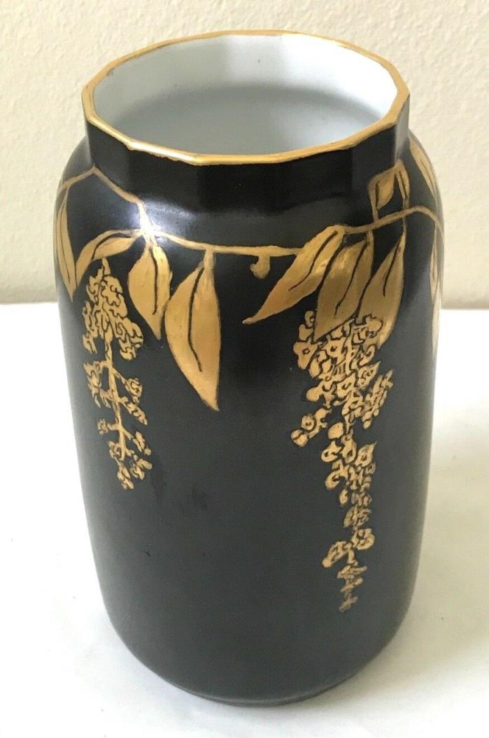 Antique 1923 Artist Hand Painted Porcelain Vase Gold Wisteria Vines Flowers OOAK