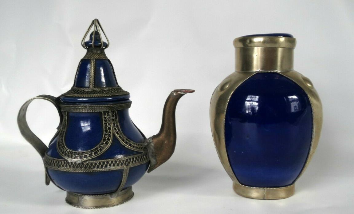 Lot of 2 Moroccan Vases Teapot Cobalt Blue Pottery Metal Overlay Filigree