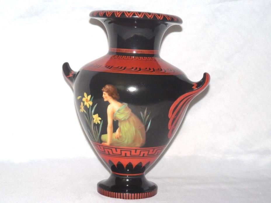 TROJAN CERAMIC ART PORCELAIN VASE WITH GREEK KEY & WOMAN PORTRAIT MARKED