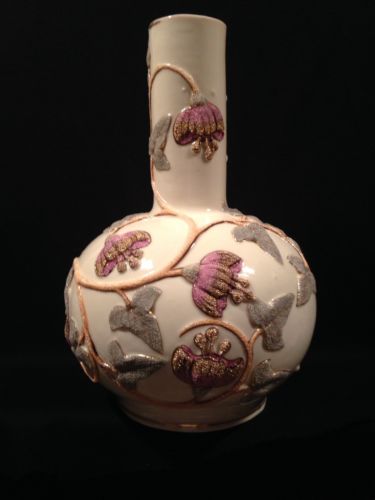 Antique Rudolstadt Germany Pottery Flower Vase Coralene Flowers