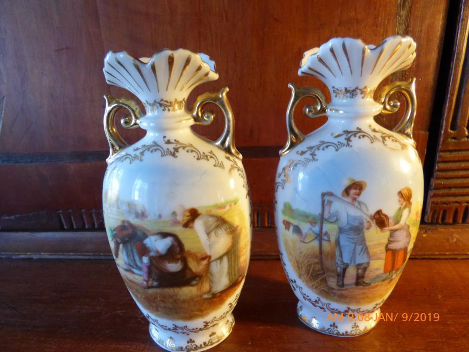 PAIR GERMAN PORCELAIN VASES WITH HARVESTING SCENES, C. 1920'S