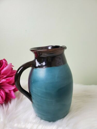 Ceramic Pottery Lip Vase Hand Painted Turquoise And Brown with Handle