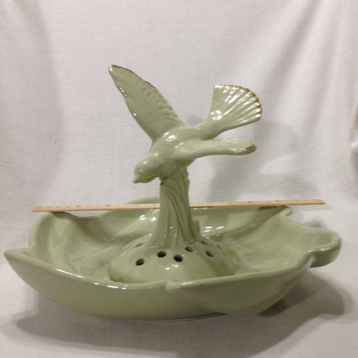 Antique Console Bowl 11 Inch & Flower Frog Large/Bird/Green/#202/Circa 1920’s