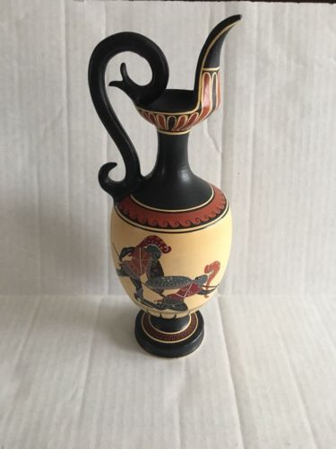 Vintage Hand Painted Black & Biege Vase Hand made in Greece 11 Bottom signed