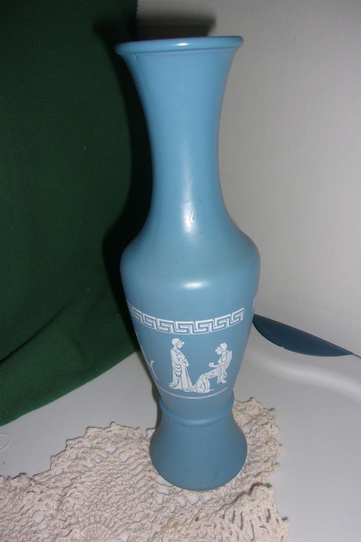Vintage Light Blue Flower Vase with Figures Painted on, 11 