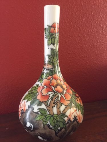 Long Neck Asian Vase Beautifully Painted Flowers Butterflies Porcelain Vintage