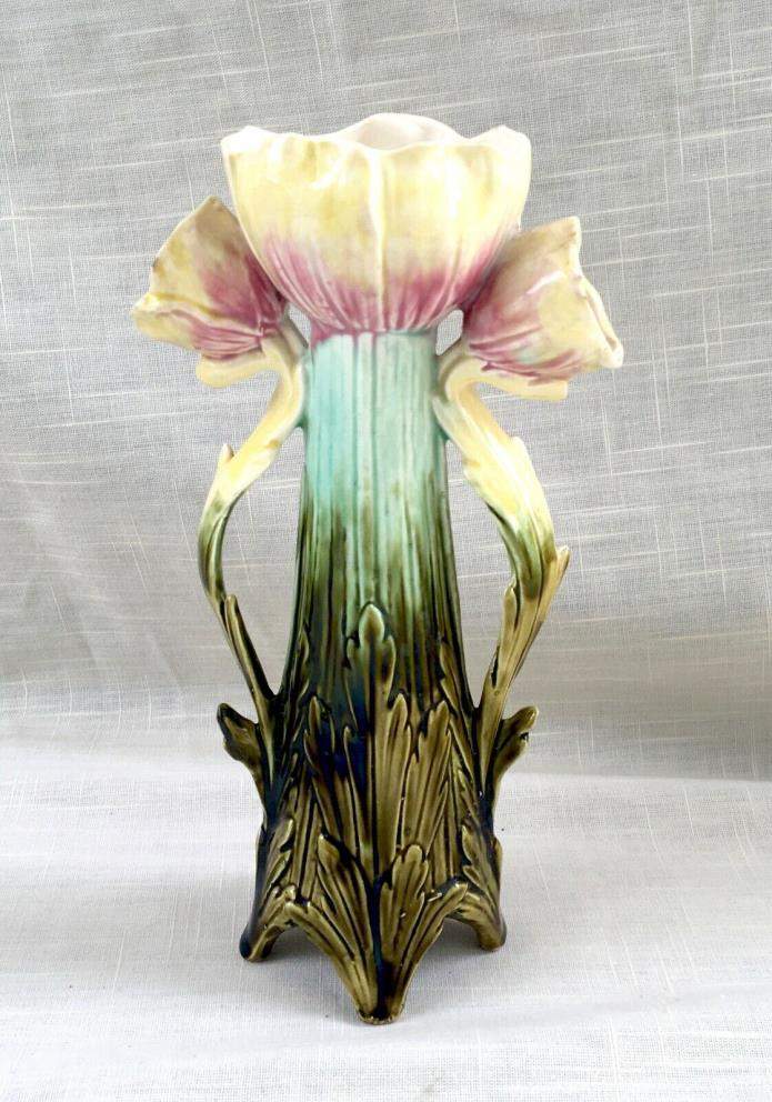 Antique Art Nouveau Ceramic Majolica Vase - Floral/Tulips - France?