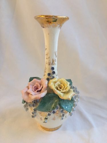 Antique Ivory Porcelain Vase Hand Painted Applied Flowers Gold Signed