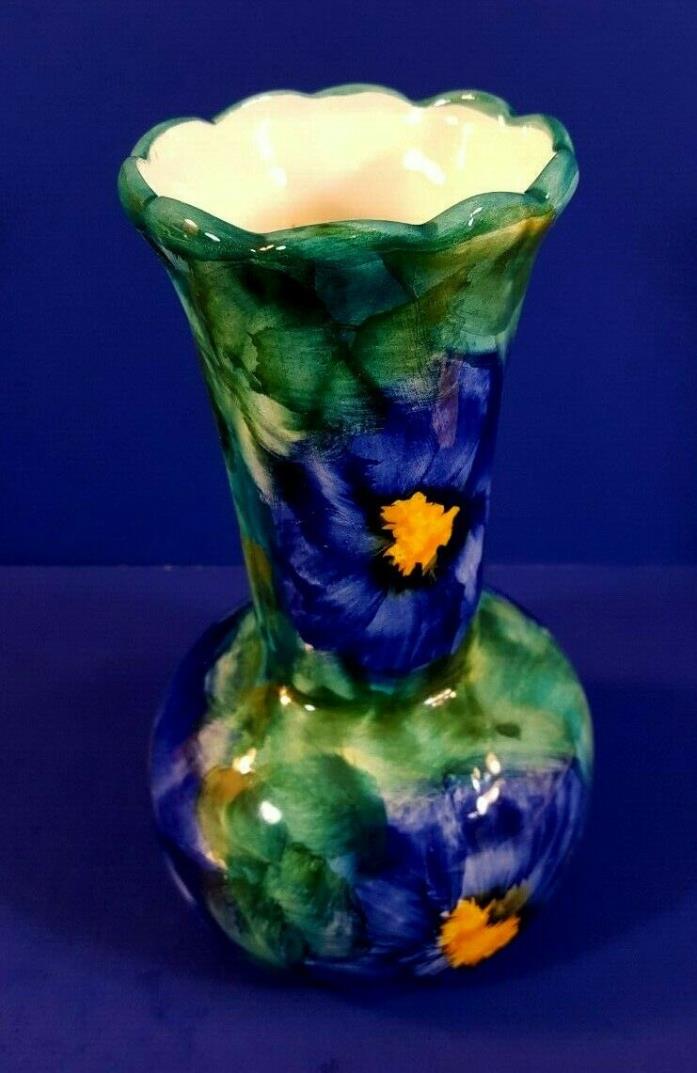 GORGEOUS HAND PAINTED BLUE CERAMIC VASE WITH YELLOW FLOWERS - EXCELLENT CONDITIO