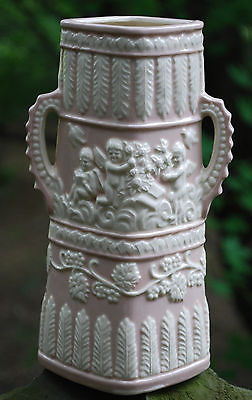 Vintage 1950s Japan CAMEO CUPIDS VASE W HANDLES  Shell Pink & Ivory Ceramic