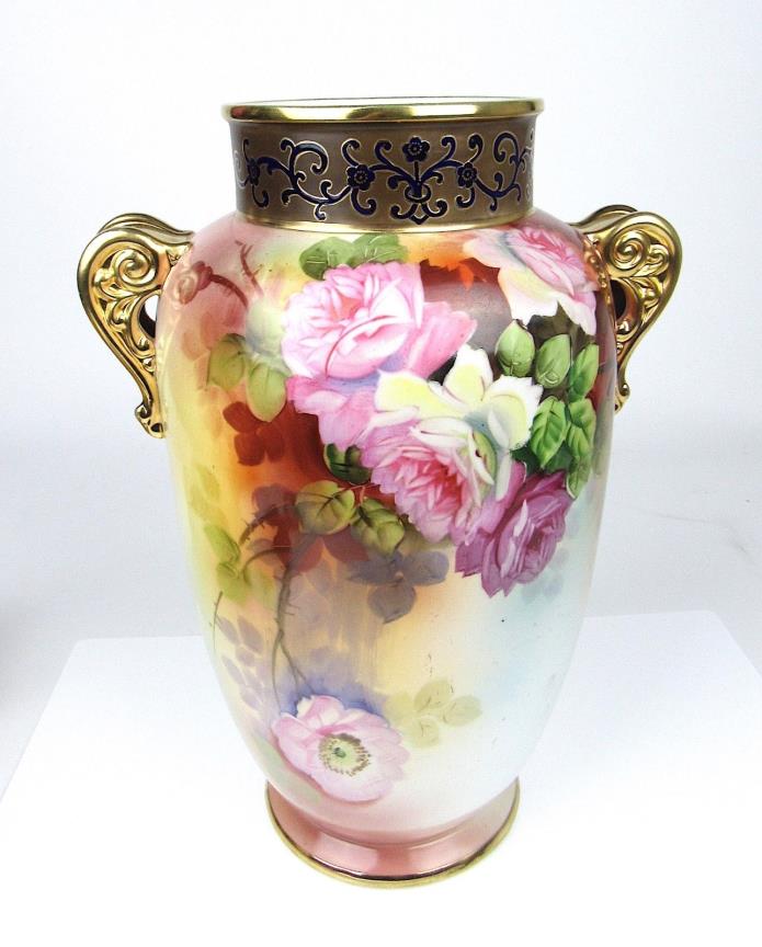Nippon Porcelain Vase Hand Painted Floral & Gold Maple Leaf Mark 1891-1911