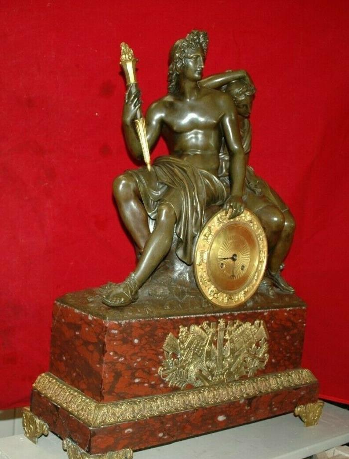 ANTIQUE 1800-1830 FRENCH DORE BRONZE AND RED LANGUEDOC MARBLE CLOCK
