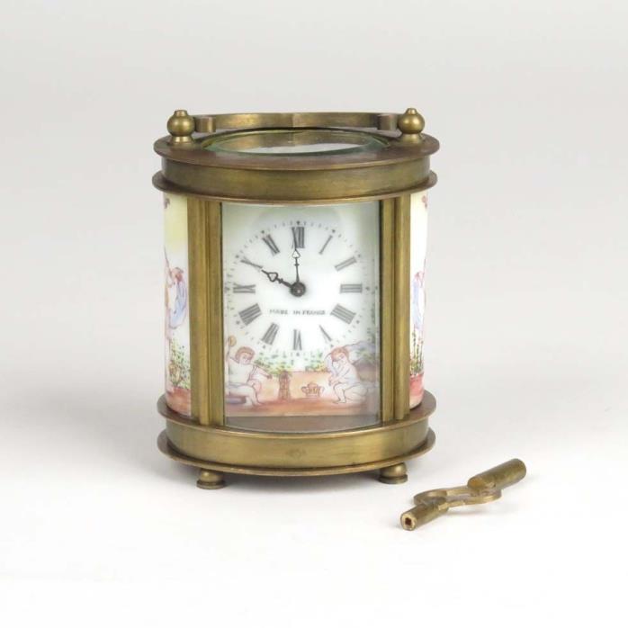 Antique French carriage clock brass miniature painted porcelain