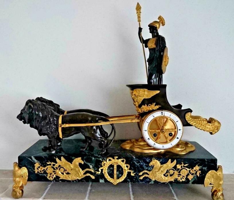 Rare 19th century Bronze & Marble Clock Chariot Pulled By Two Lions Empire style