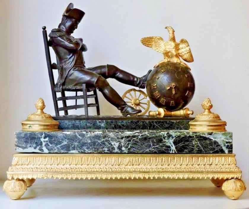Napoleon At The Watch  Antique 19th Century Bronze Desk  Clock and Inkwell
