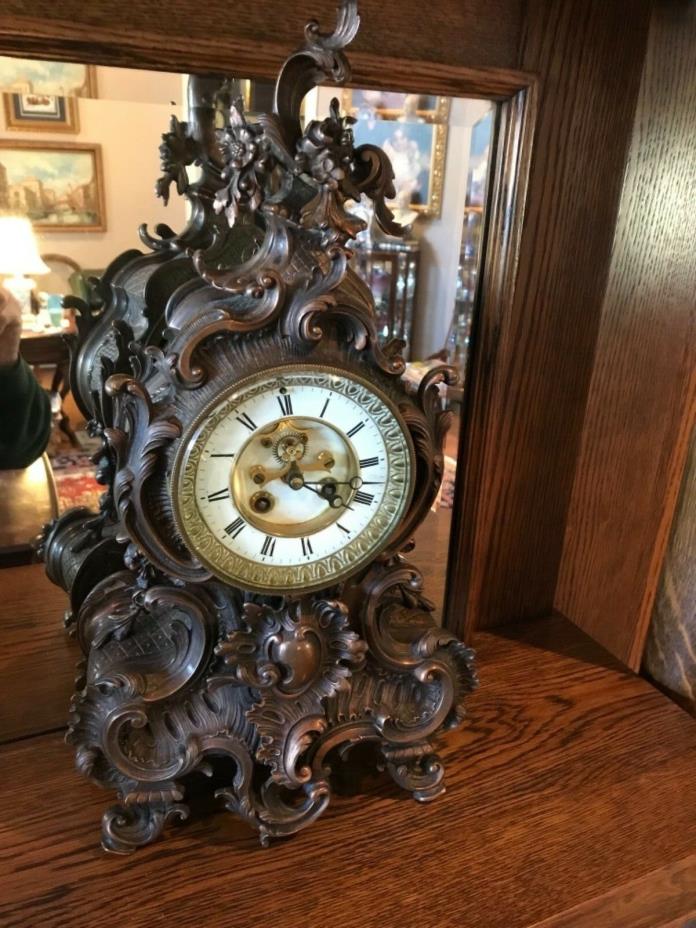 Antique 19th c. French Ormolu Bronze Mantle Clock with Open Escapement