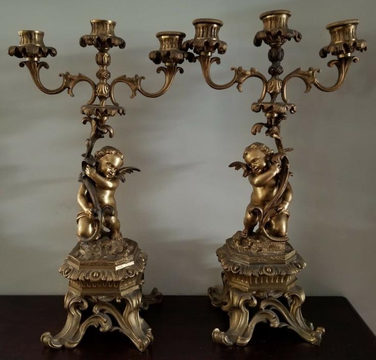 Pair of 19th c. French Gold Gilt Bronze Cherub Candelabras.