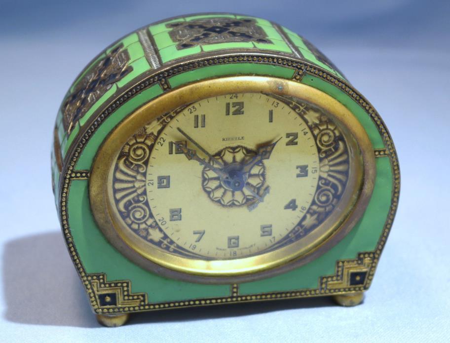 Art Deco German Brass Black Green Enamel Kienzle Schwenningen Alarm Clock