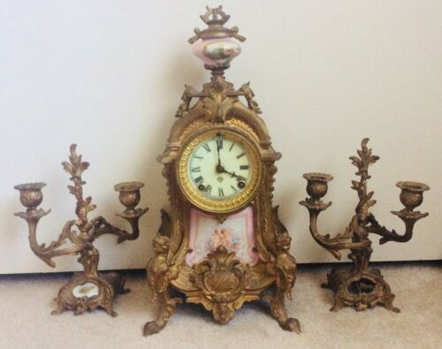 Antique Ansonia Rococo Style Garniture Mantel Clock Set Of Candelabras