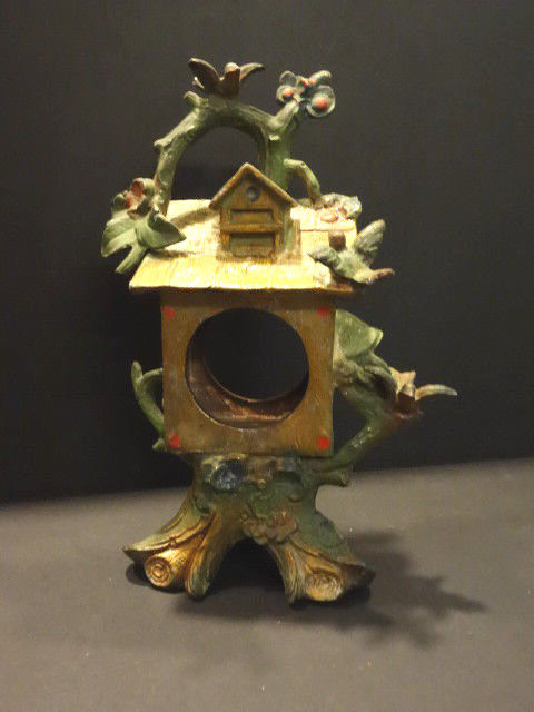 UNUSUAL CLOCK Tree & Bird House BLACK FOREST Style Cold Painted Vienna Bronze