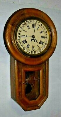 ANTIQUE AMERICAN SHORT DROP SCHOOLHOUSE CALENDAR WALL REGULATOR CLOCK WORKING