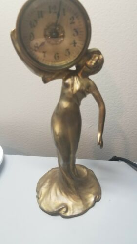 1902 Antiques Art Girl Statue bronze clock, Lady Figurine Clock