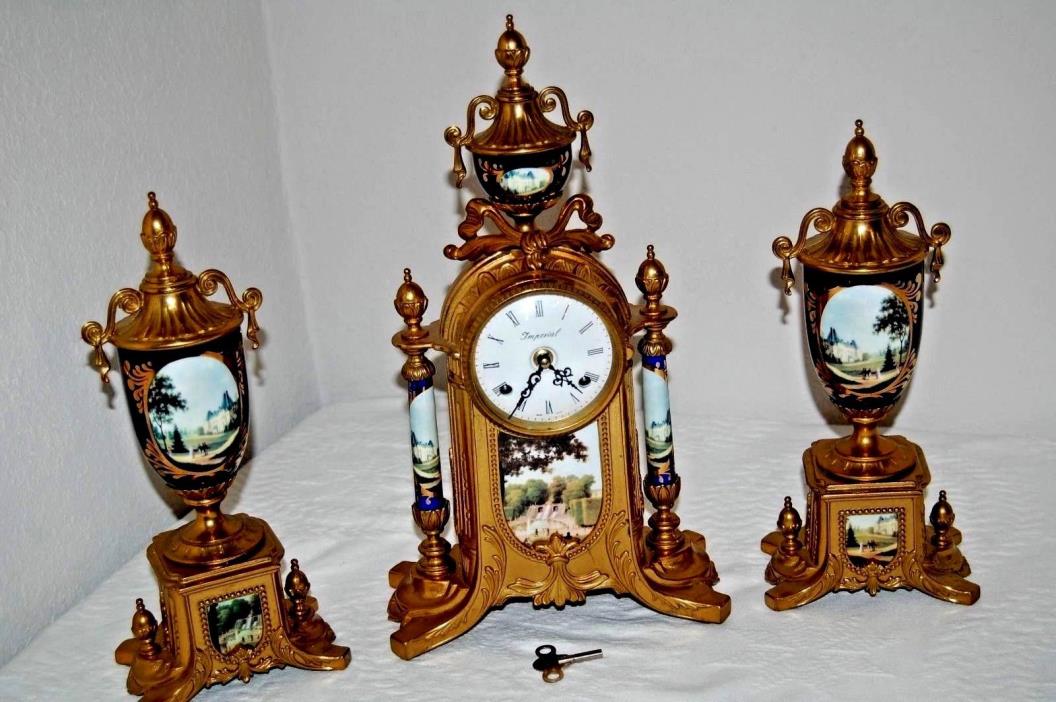 Imperial Clock Set Franz Hermle Movement & 2 Garniture Urns Made In Italy w/Key