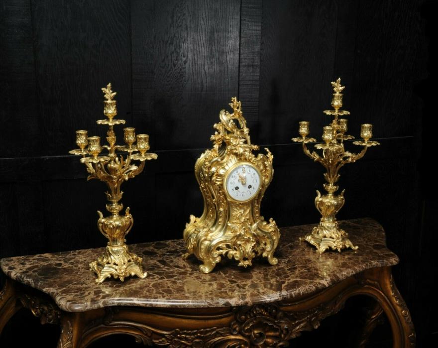 Japy Freres Super Large Rococo Clock Set GIlt Bronze C1890 Antique French