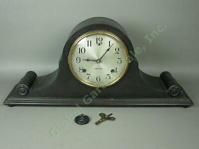 Vtg Antique Sessions Mantle Tambour Scroll Clock Eight Day Chimes Pendulum + Key