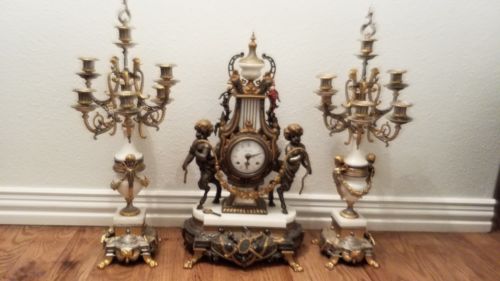 IMPERIAL CLOCK AND CANDELABRAS ITALY BREVETATTO BRONZE WHITE MARBLE