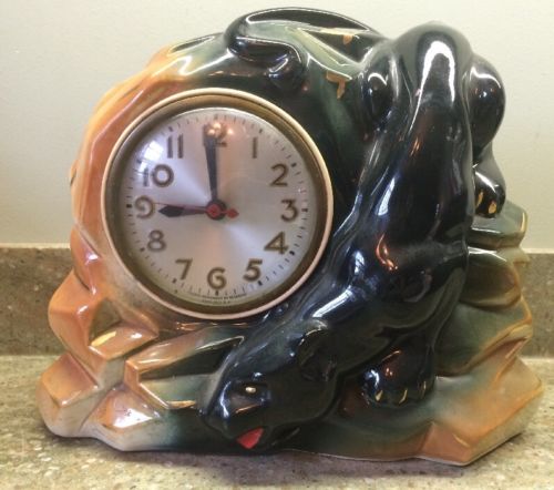 Vintage Antique Ceramic Panther Clock. Works!