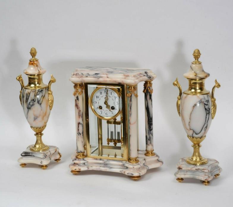 Japy Freres Antique Ormolu and Specimen Marble Four Glass Crystal Clock Set 1880
