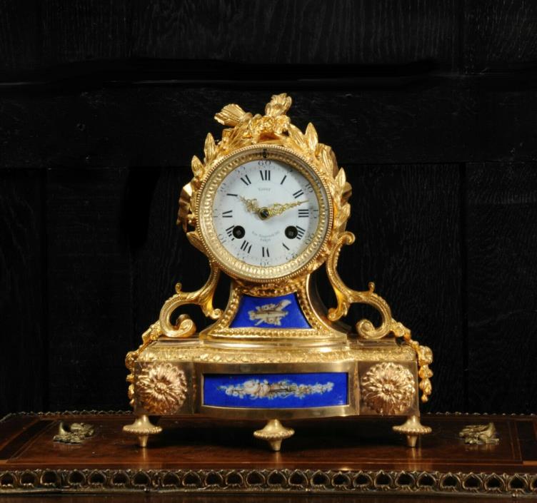 Japy Freres Antique French Ormolu and Blue Porcelain Boudoir Clock Beauty C1860