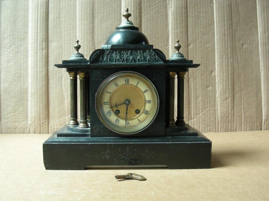 ANTIQUE FRENCH BLACK MARBLE MANTEL CLOCK WITH KEY