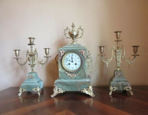 Antique Collectable Onyx Set Of Two Chandeliers & Table Clock Detouche Paris XIX