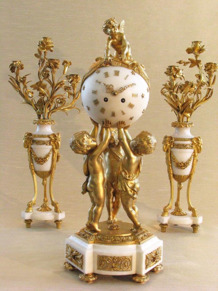 Antique French Magnificent Bronze D'Ore and Marble Clock Set