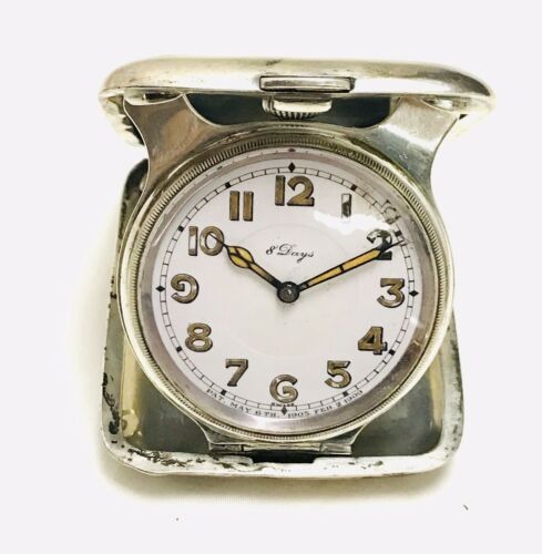 Antique Concord Sterling Silver Case 8-Day Swiss Travel Clock Running, ref 20676