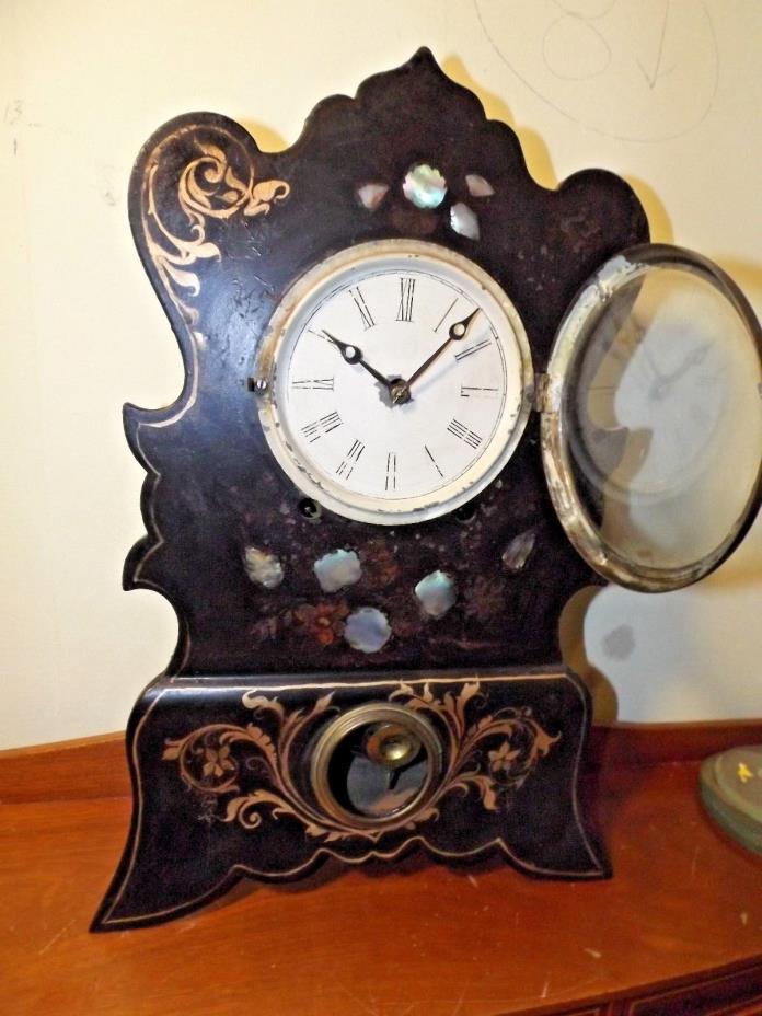 Antique 1800s Cast Iron & Wooden Case Mantle Clock w/Applied Abalone Shell RUNS