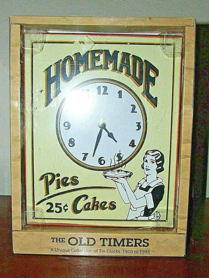 Old Timers Tin Wall Clock Pies and Cakes 25 cents Tin Reproduction New Old Stock