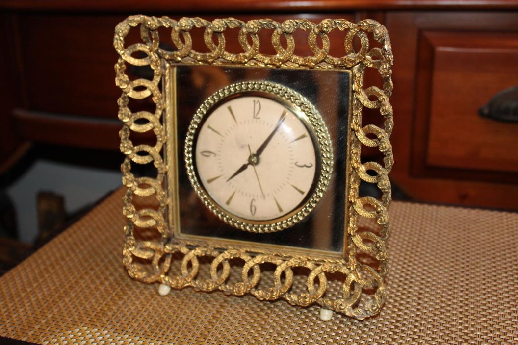 Antique Sessions Table Shelf Clock Enclosed In Gold Ormolu Rose Flower Frame