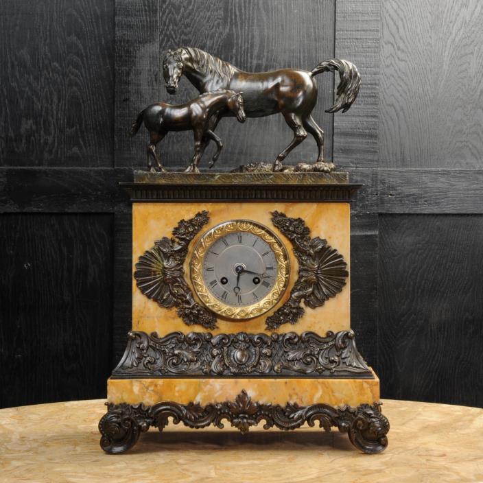 MARE and FOAL ~ EARLY FRENCH BRONZE SIENNA MARBLE CLOCK SILK SUSPENSION C1820
